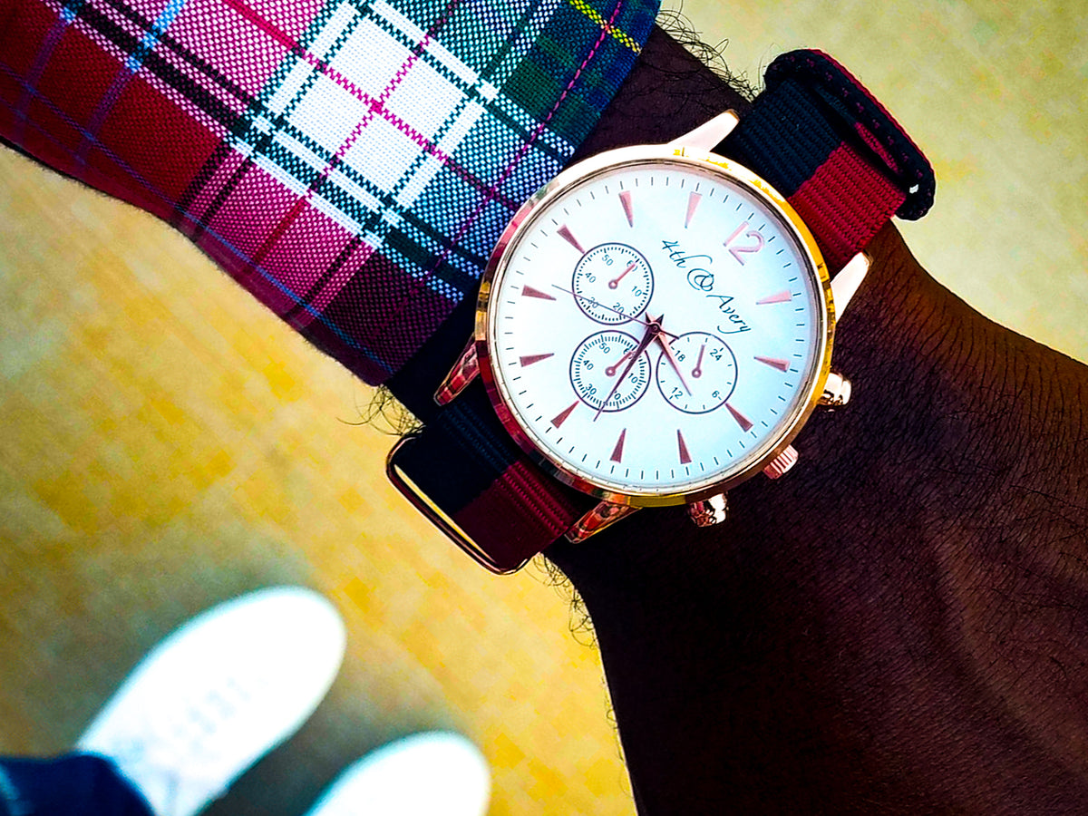 G10 G&B Gamecock edition watch on a garnet and black nylon NATO strap