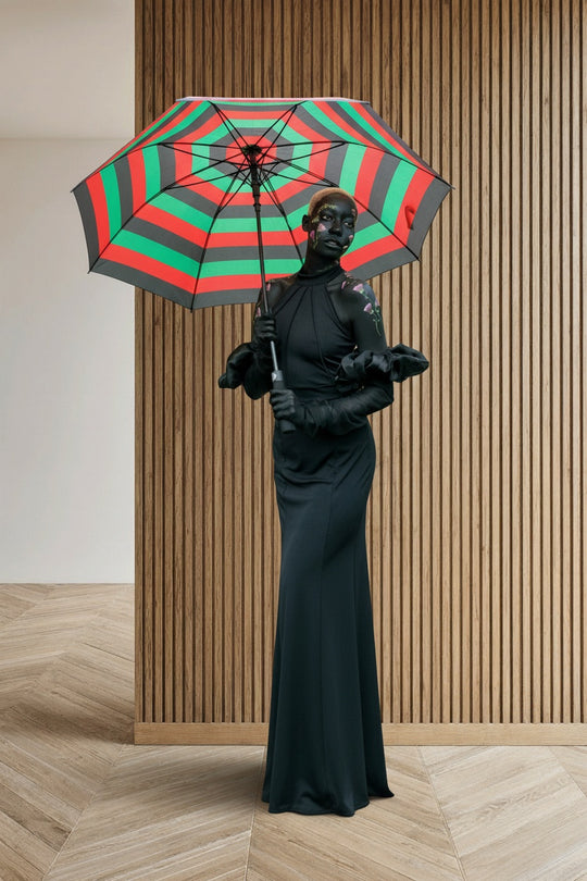 Full body view of the model wearing 4A Golf Umbrella